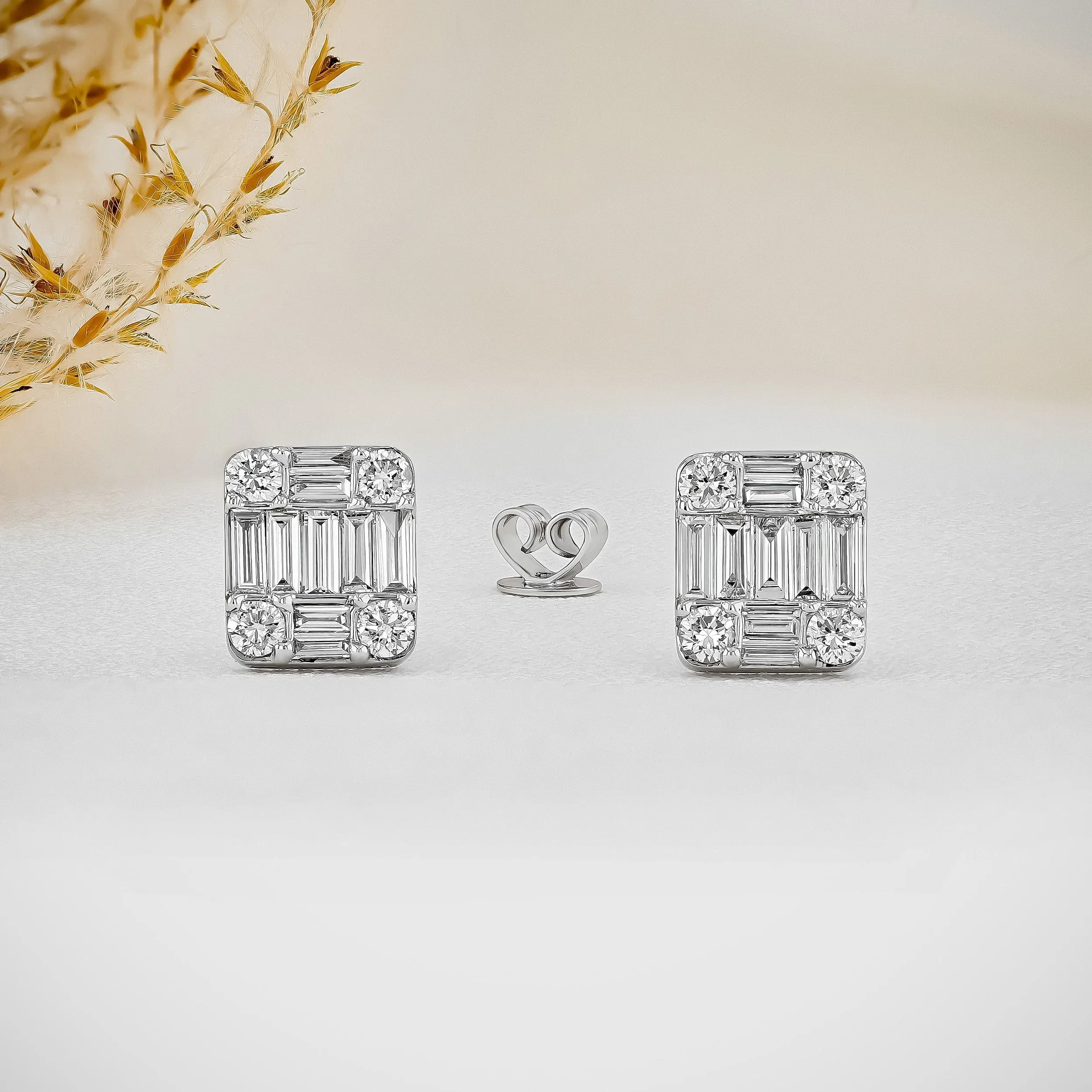 0.99 TCW Baguette & Round Moissanite Diamond Stud Earrings