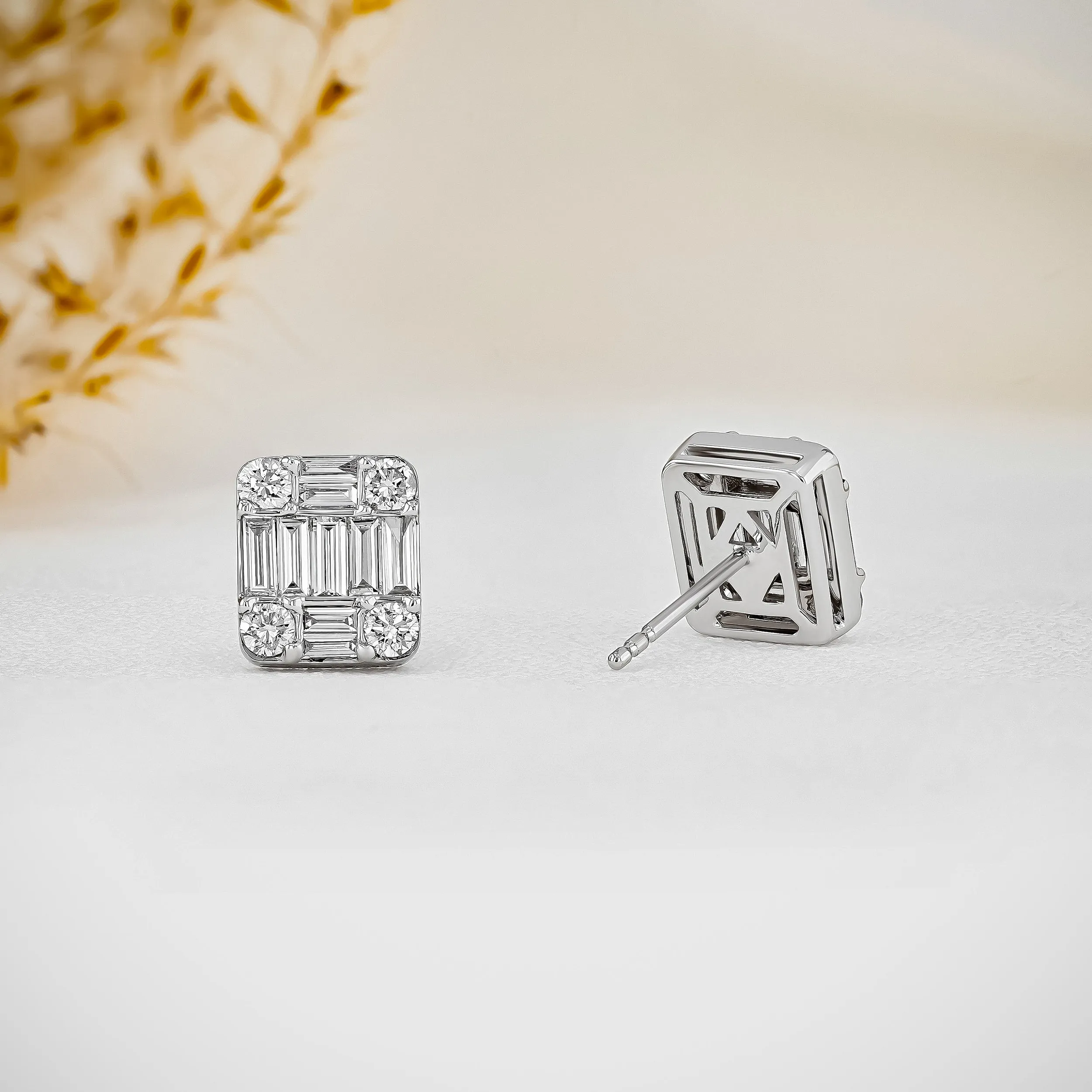 0.99 TCW Baguette & Round Moissanite Diamond Stud Earrings