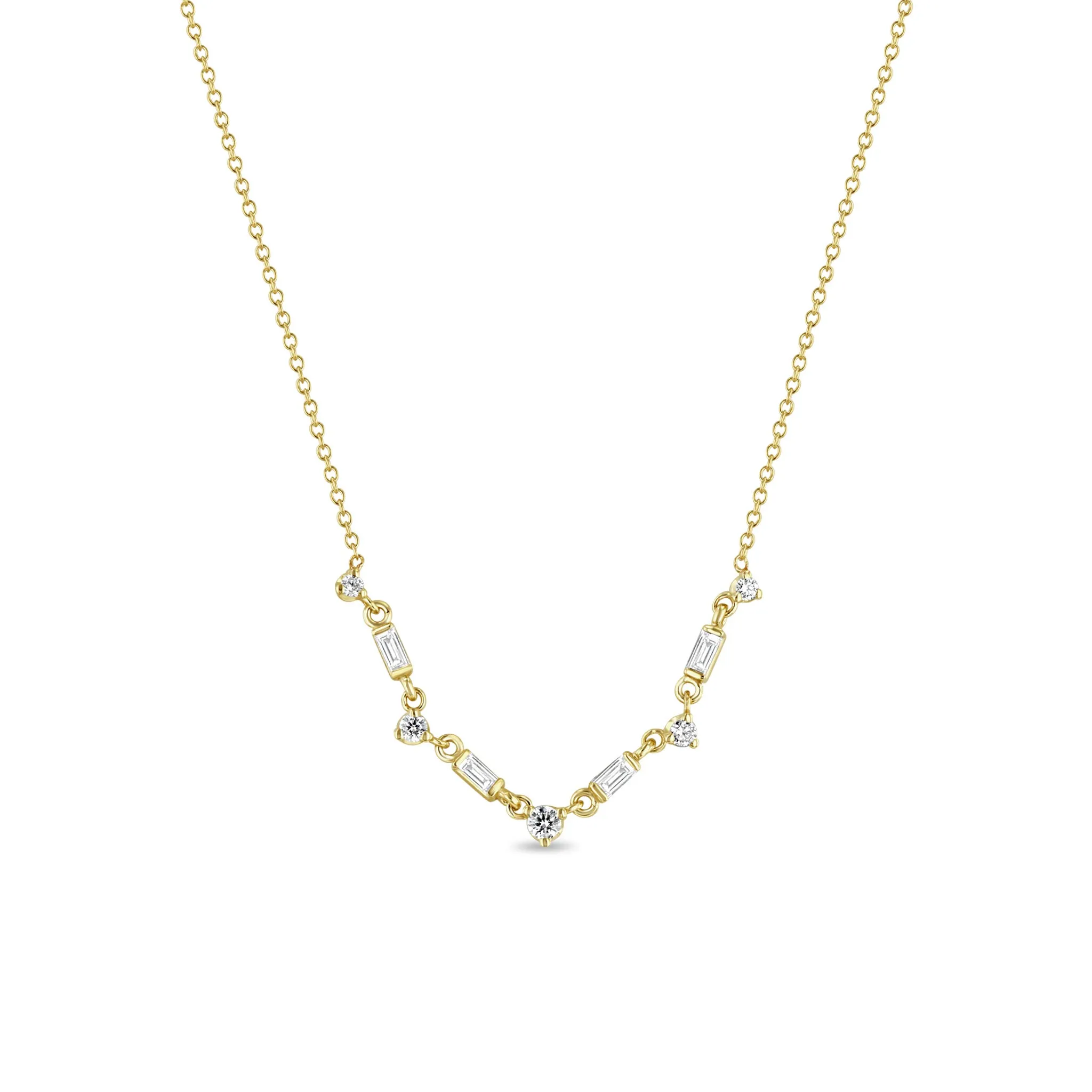 14k Linked Alternating Baguette & Round Diamond Necklace