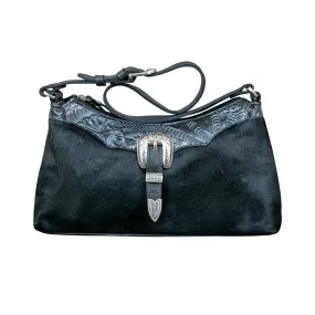 American West Cowtown Black Hair-On Leather Zip Top Shoulder Bag