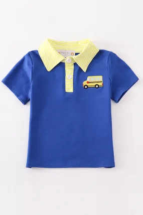 Blue bus embroidery back to school boy shirt