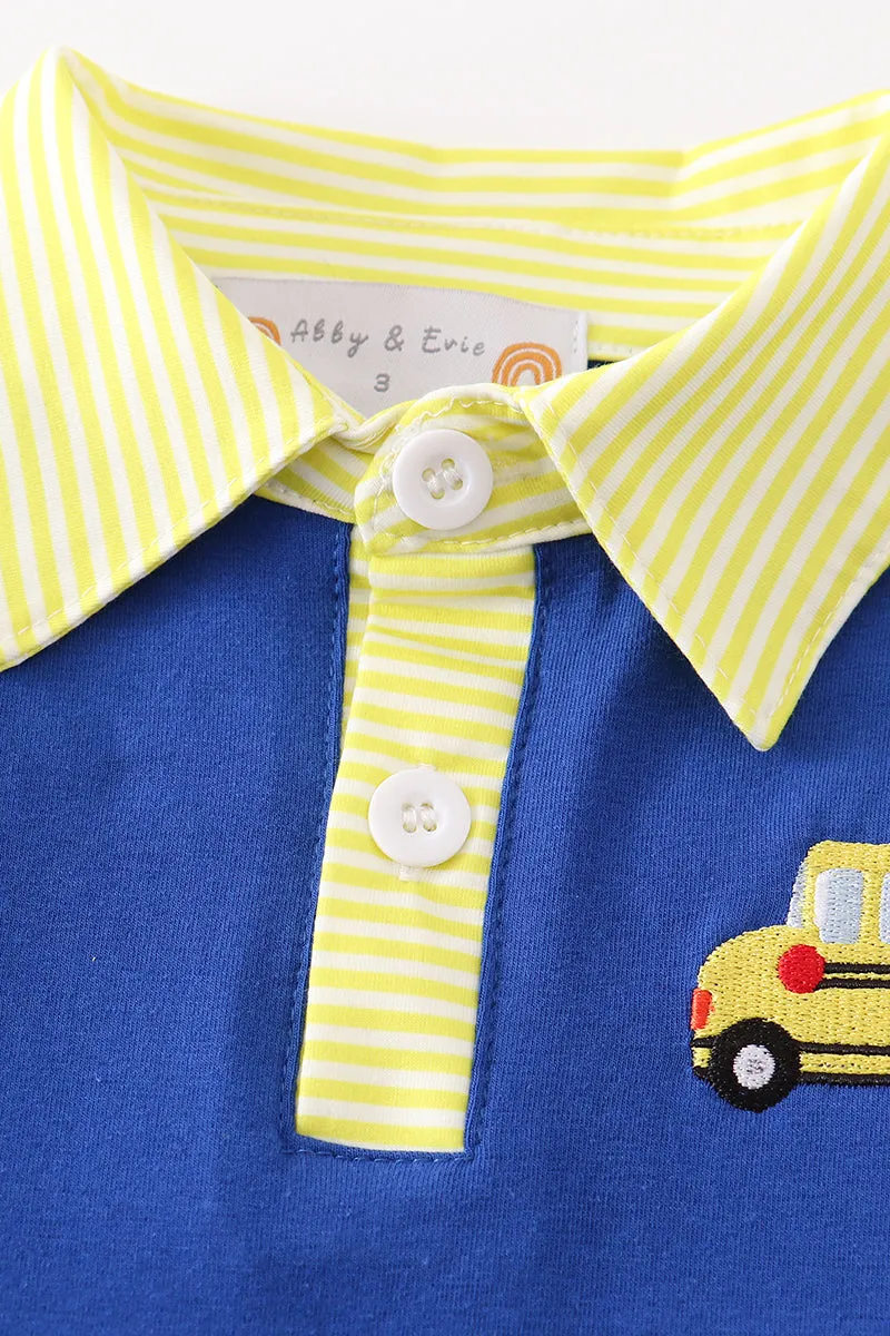 Blue bus embroidery back to school boy shirt