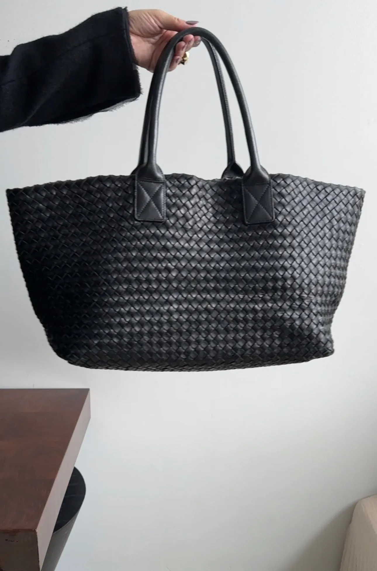 Bottega Veneta Black Intreccio Leather Cabat MM Tote Bag