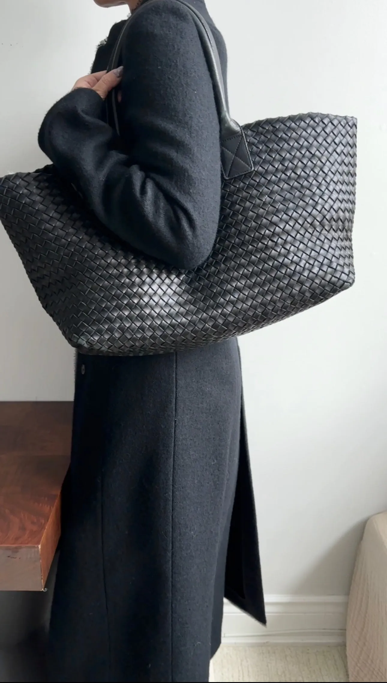 Bottega Veneta Black Intreccio Leather Cabat MM Tote Bag