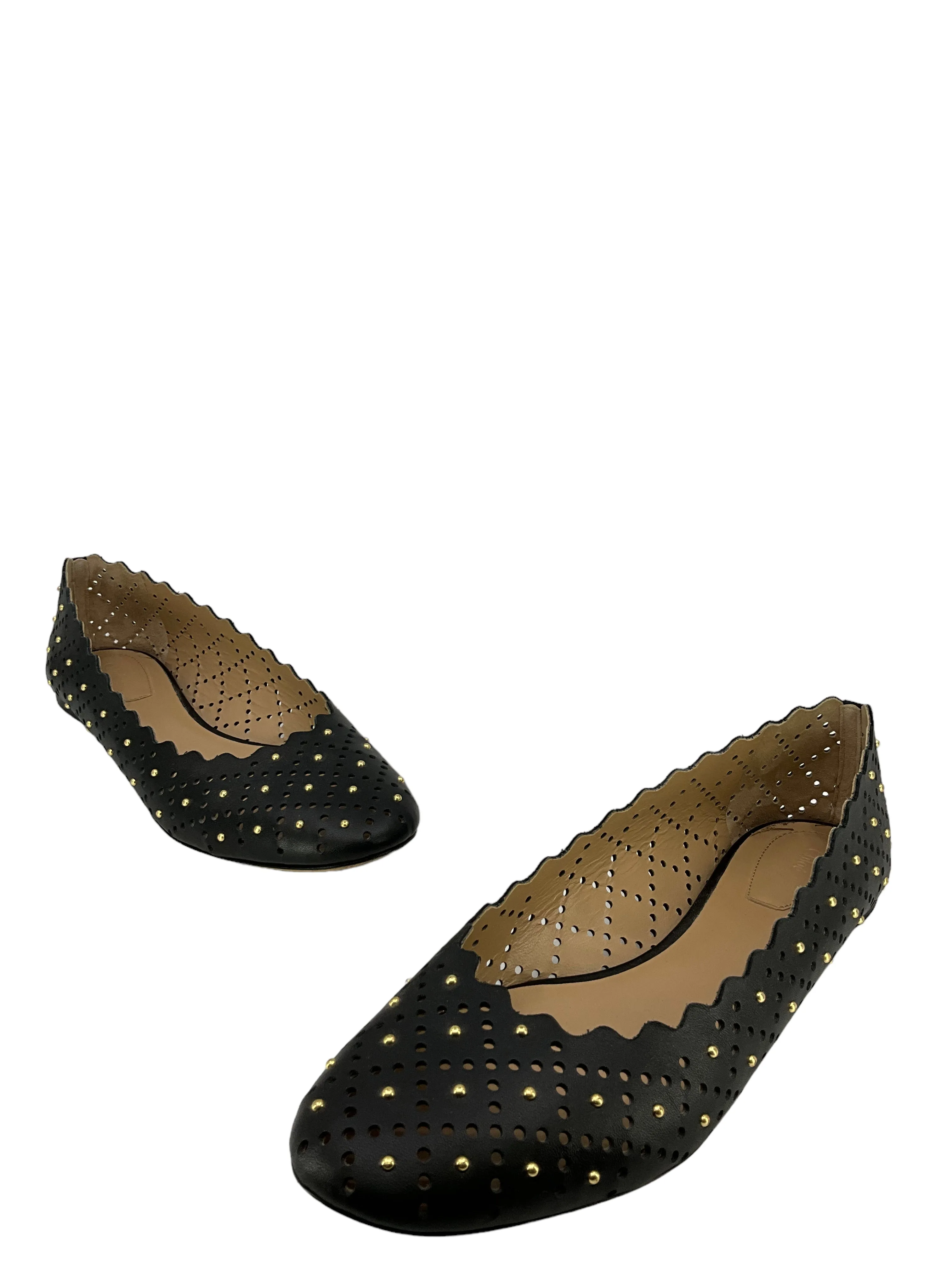 Chloe Black Lasercut And Studded Leather Flats Size 11