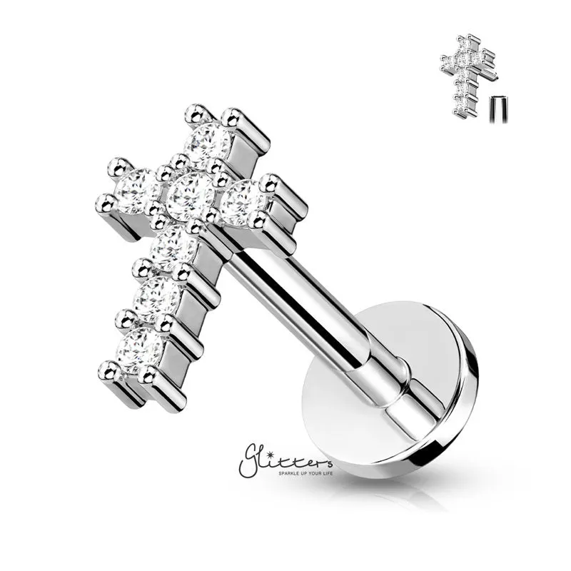 CZ Cross Tragus Cartilage Barbell Stud - Silver