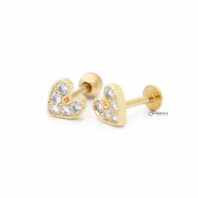 C.Z Paved Heart Cartilage/Tragus Ball End | Flat Back Studs - Gold