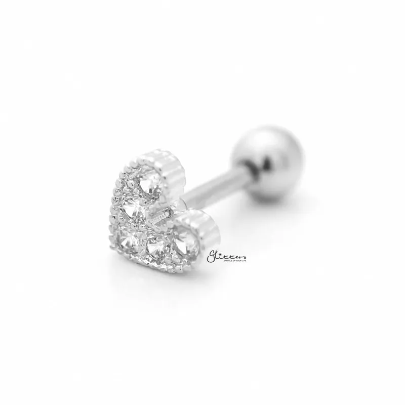 C.Z Paved Heart Cartilage/Tragus Ball End | Flat Back Studs - Silver