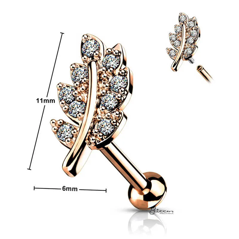 C.Z Paved Leaf Top on Internally Threaded Flat Back Stud - Rose Gold