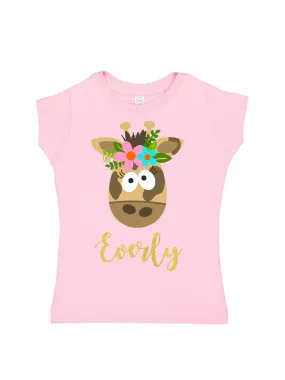 Flower Crown Giraffe Girls Shirt - Light Pink