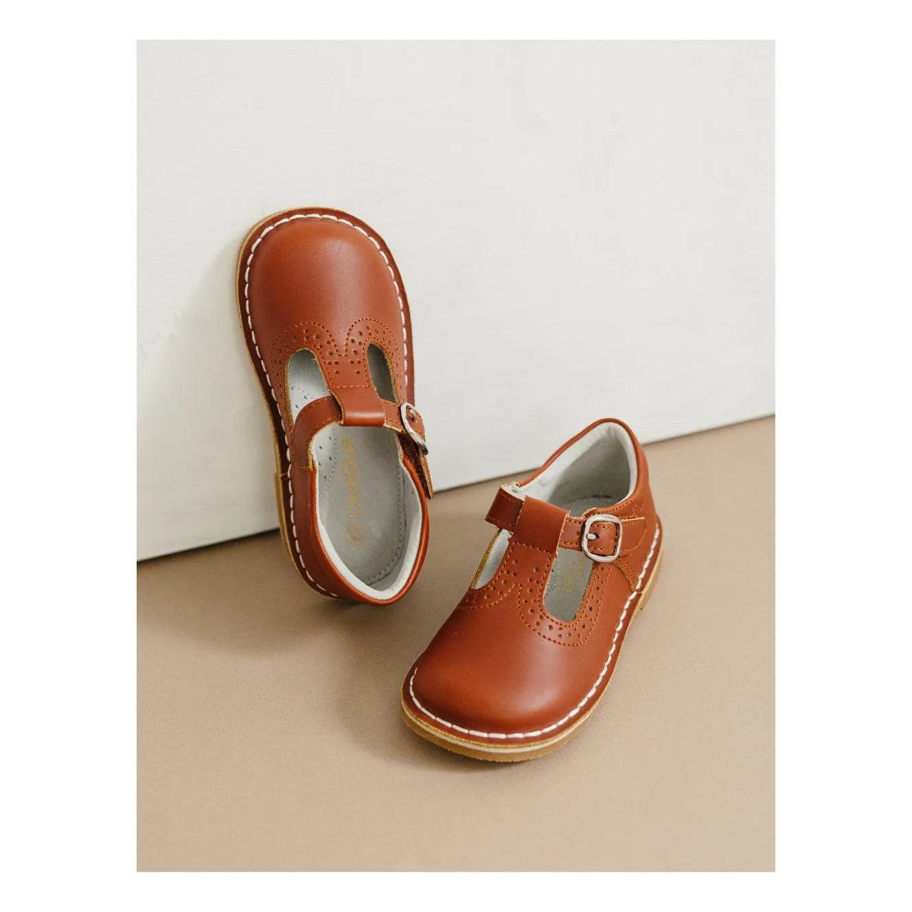 Frances Cognac T-Strap Perforated Mary Jane