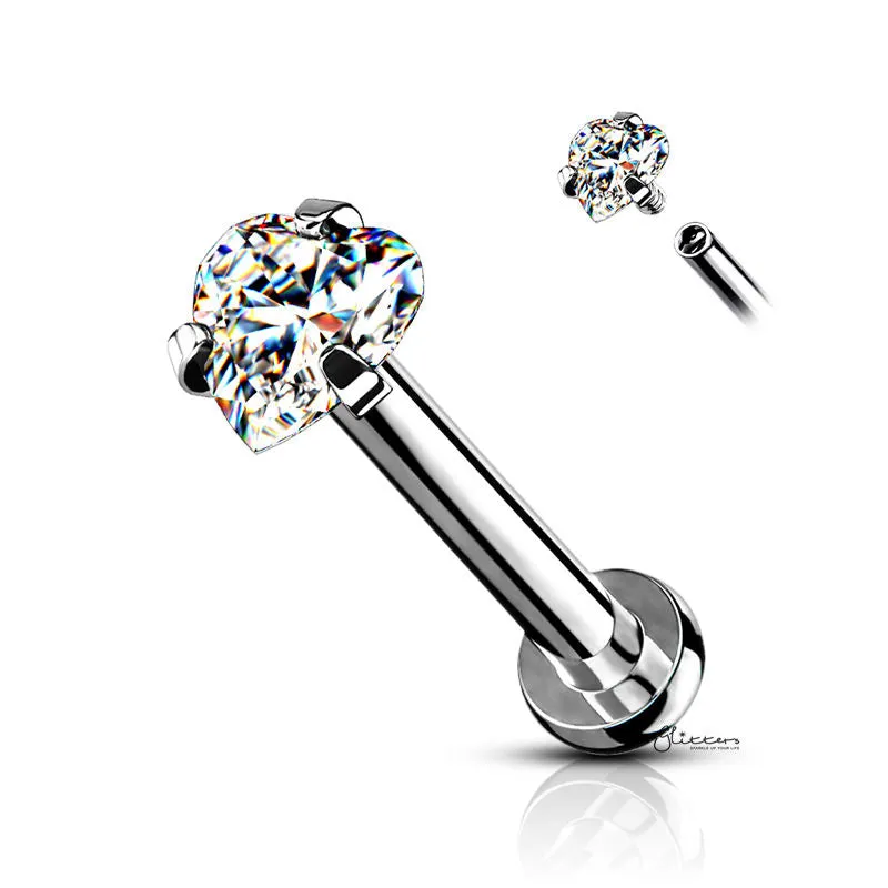 Heart CZ Prong Set Top Internally Threaded Flat Back Stud