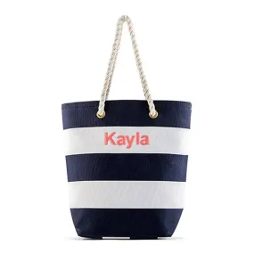 Monogram Navy Stripe Tote Bag - Rope Handles