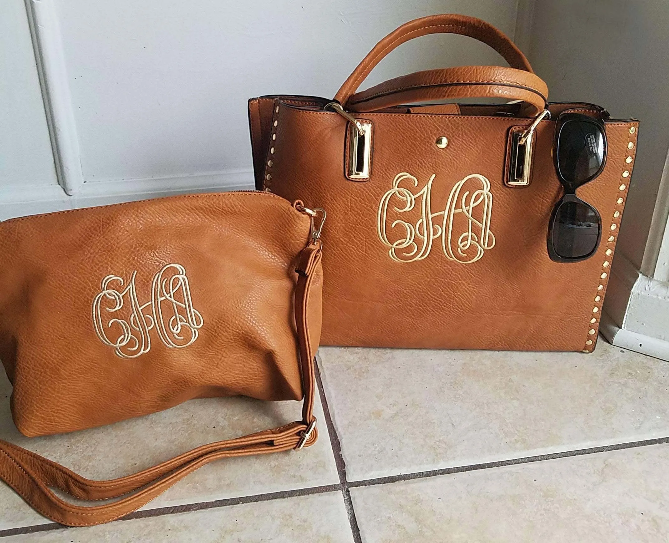 Monogrammed tassel gold 2in1 tote bag, Personalized purse in Camel