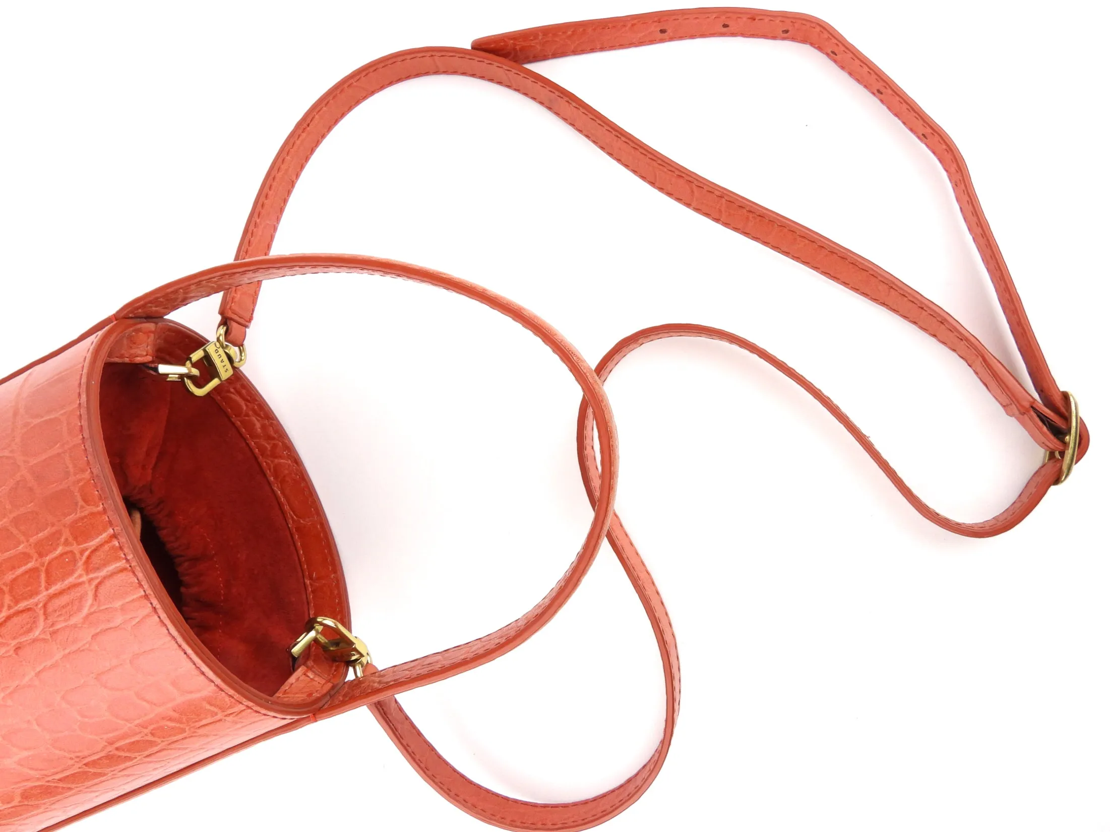 Staud Red Croc Embossed Leather Two Way Bucket Bag