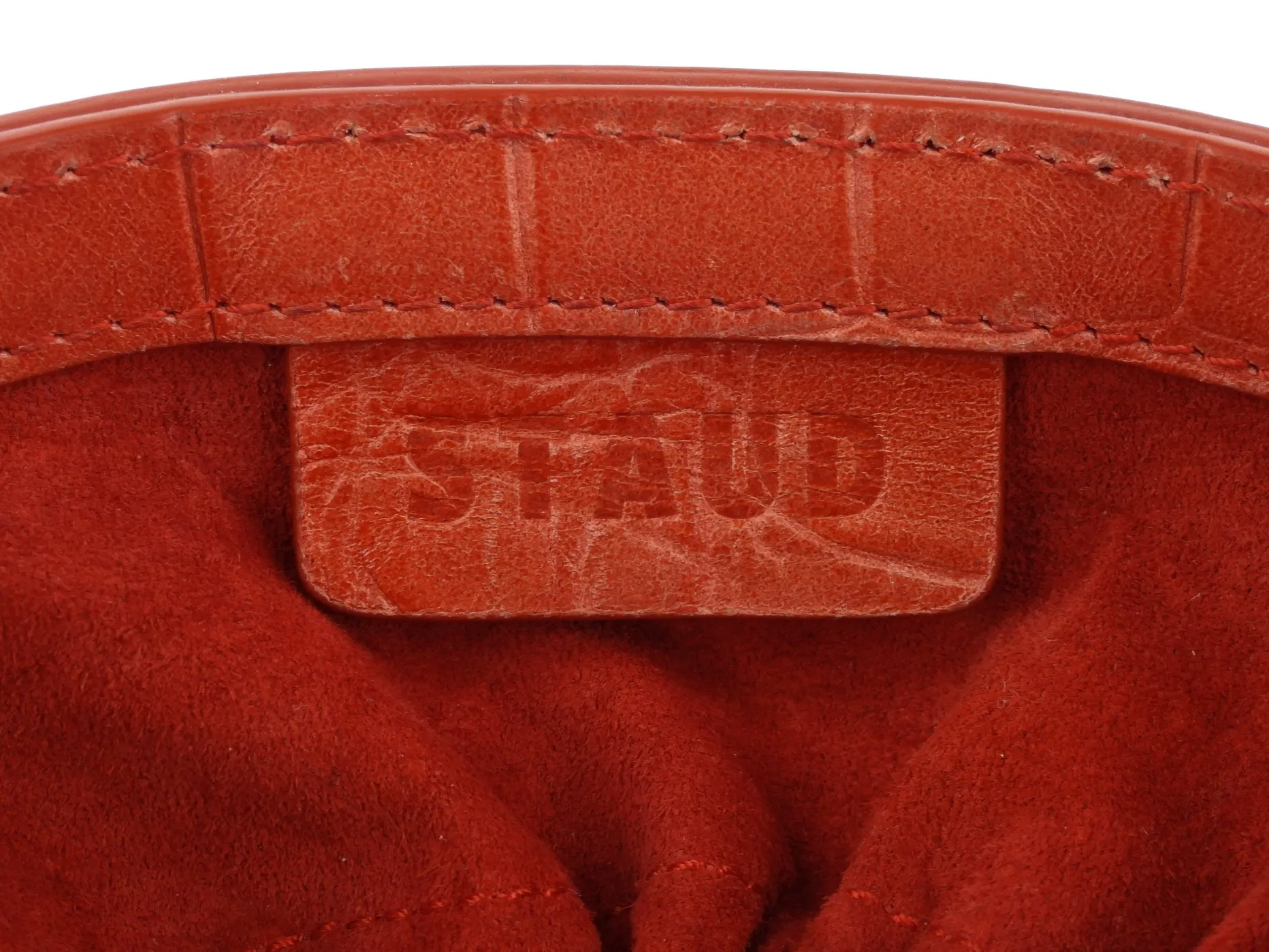 Staud Red Croc Embossed Leather Two Way Bucket Bag