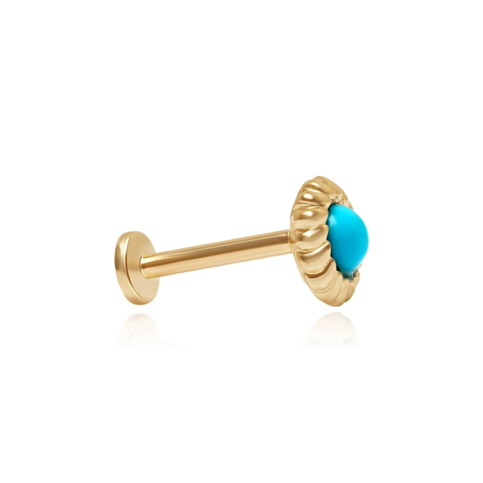 Turquoise Flat Back Stud in Braided Bezel Set Solid 14k Gold