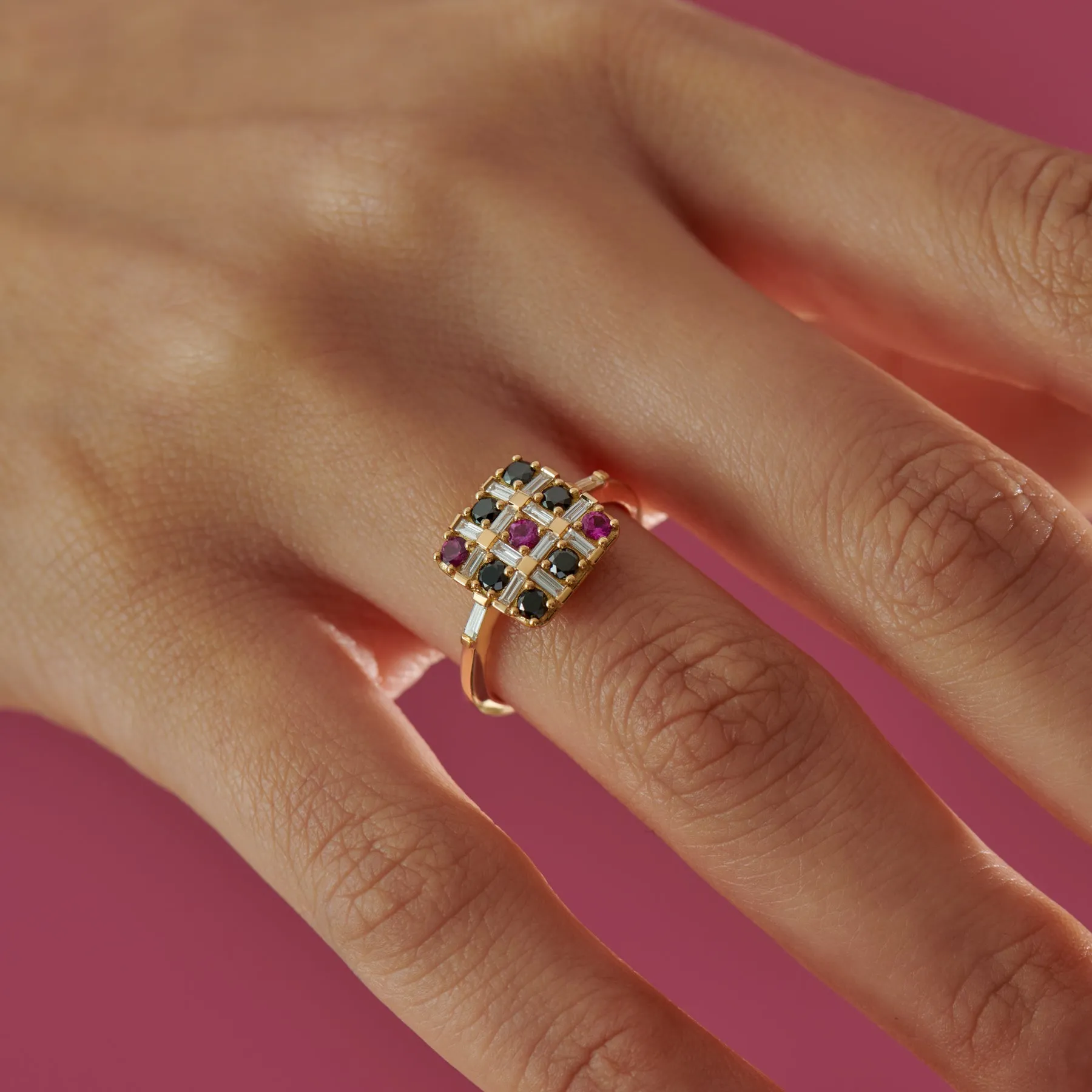 XO Black Diamond and Pinkish Ruby Ring